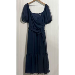 Julia Jordan NWT Dress 14 Puff Sleeve Maxi Tiered Poetcore Navy Blue Chiffon